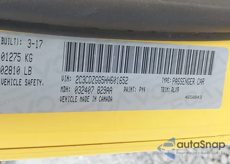 2017 Dodge Challenger Gt z USA, uszkodzony, nr VIN 2C3CDZGG5HH601652